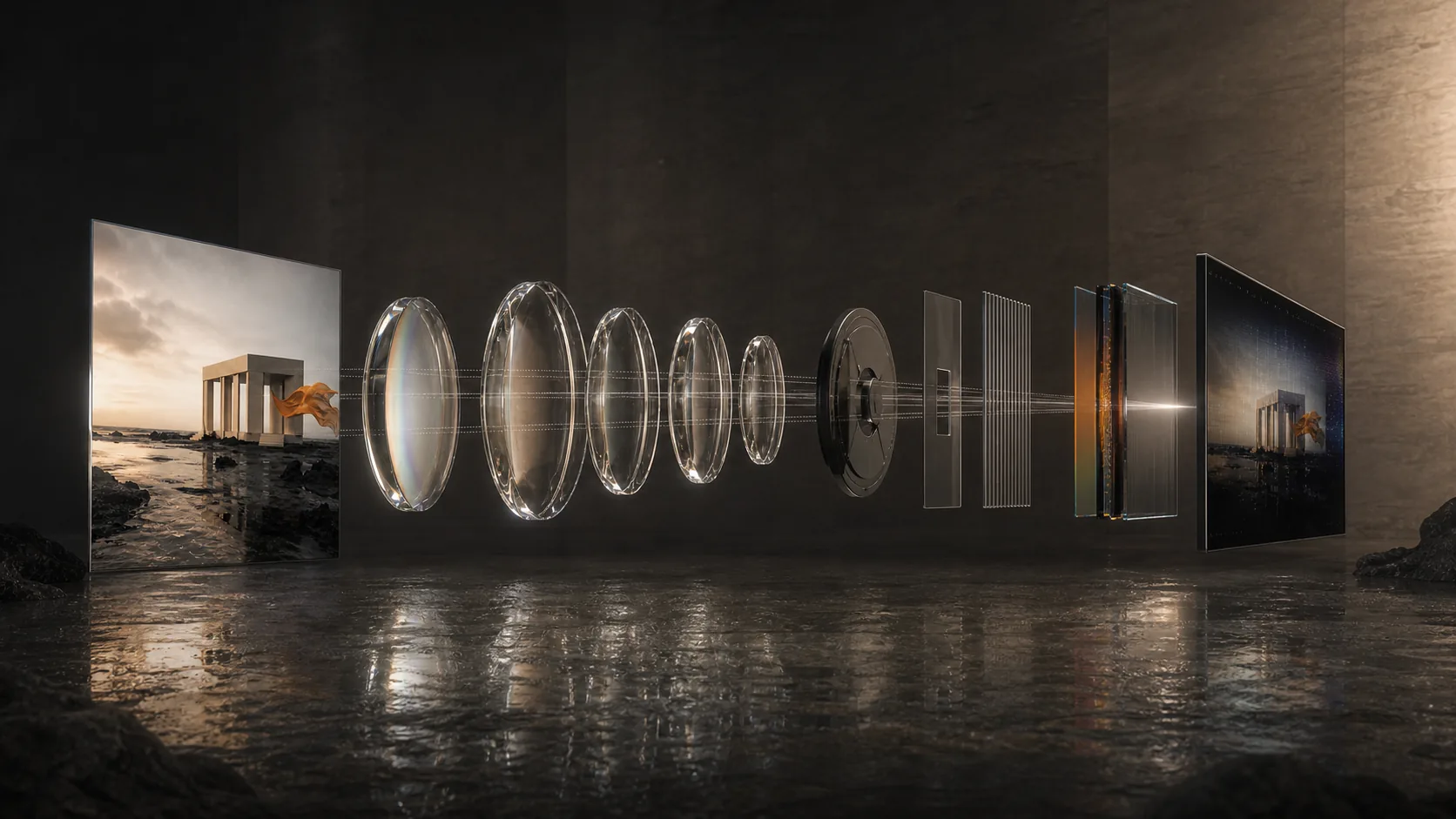 Concept visualization of the coastal scene passing through physically plausible lens elements, aperture, shutter, and sensor into a luminous digital negative.